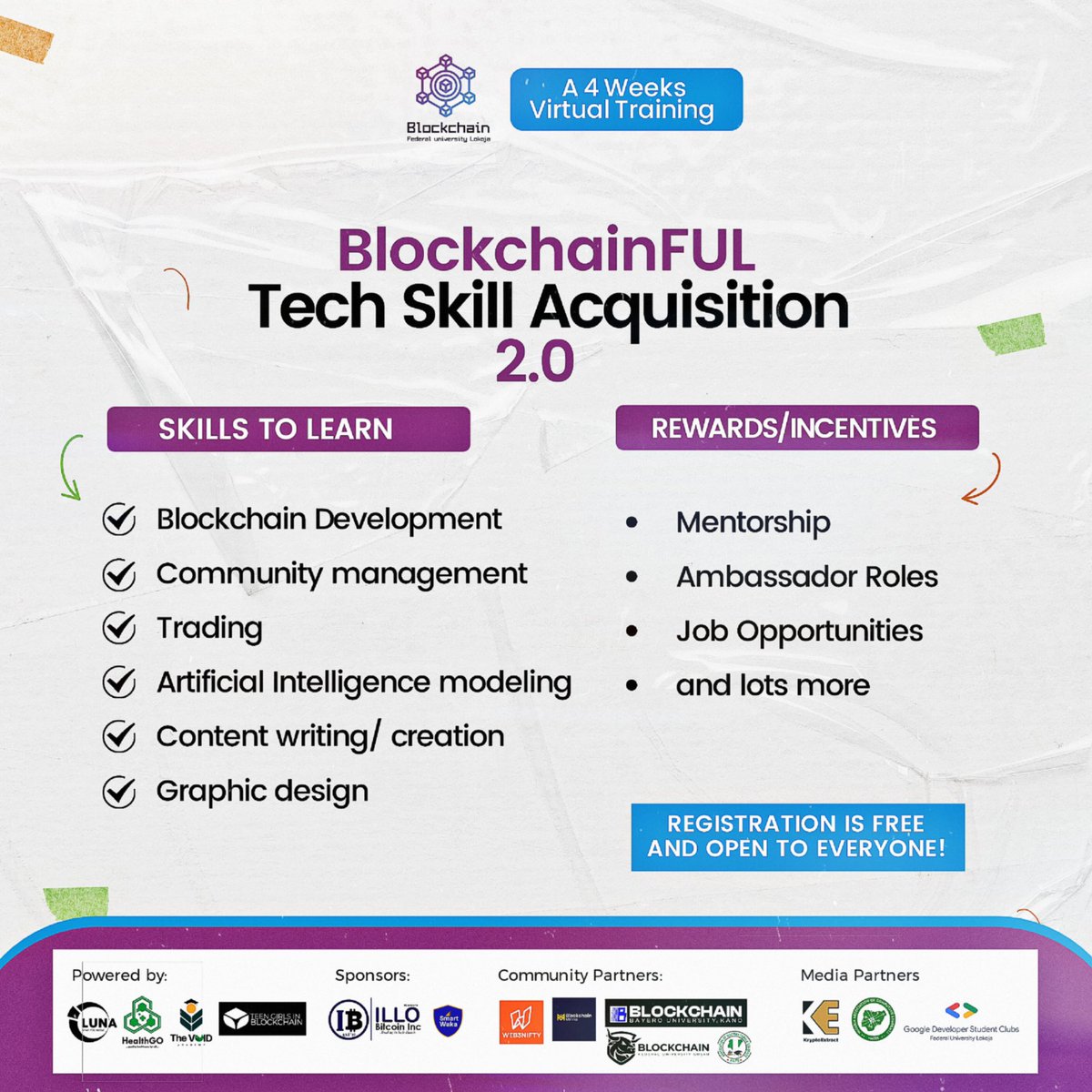 BlockchainFul's tweet photo. Registration is OPEN for BlockchainFUL Tech Skill Acquisition 2.0!
Join us to enhance your tech skills and dive into the world of blockchain.
Don't miss out! 💡 Registration link totally free https://t.co/ncQzL6VU6W
#BlockchainFUL #TSA2.0 #LearningOpportunity https://t.co/YTHJGErZ3O