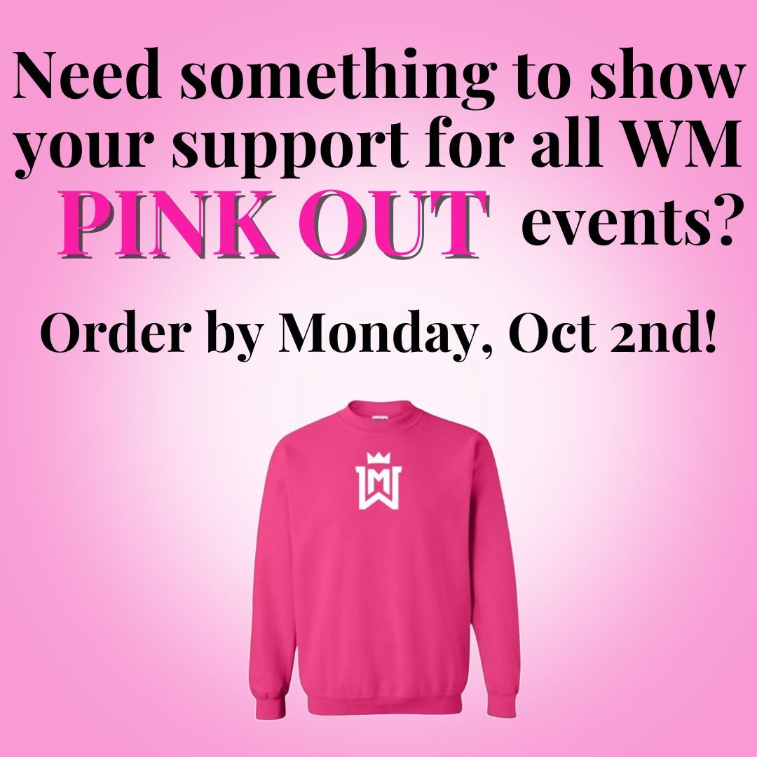 WM Boosters has a unique opportunity to offer a chance for our WM Royals to buy some PINK WM gear to show your support for all PINK OUT events!
Link: buff.ly/4684hHB
Quick turnaround--place your order by October 2nd! In time for VB's DIG PINK!
<a href="/RoyalsWm/">WMRoyalsBoosterClub</a>