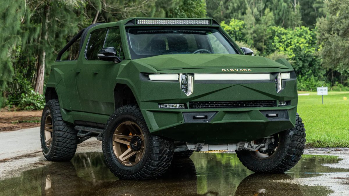 BBC_TopGear's tweet photo. The Apocalypse Nirvana is a wildly modified Rivian R1T. In what appears to be a tribute to the Ryder Cup, Apocalypse unveils an EV that takes design inspiration from the 18th fairway → https://t.co/bt4iTe7jjI https://t.co/GoMrNqI9Jx