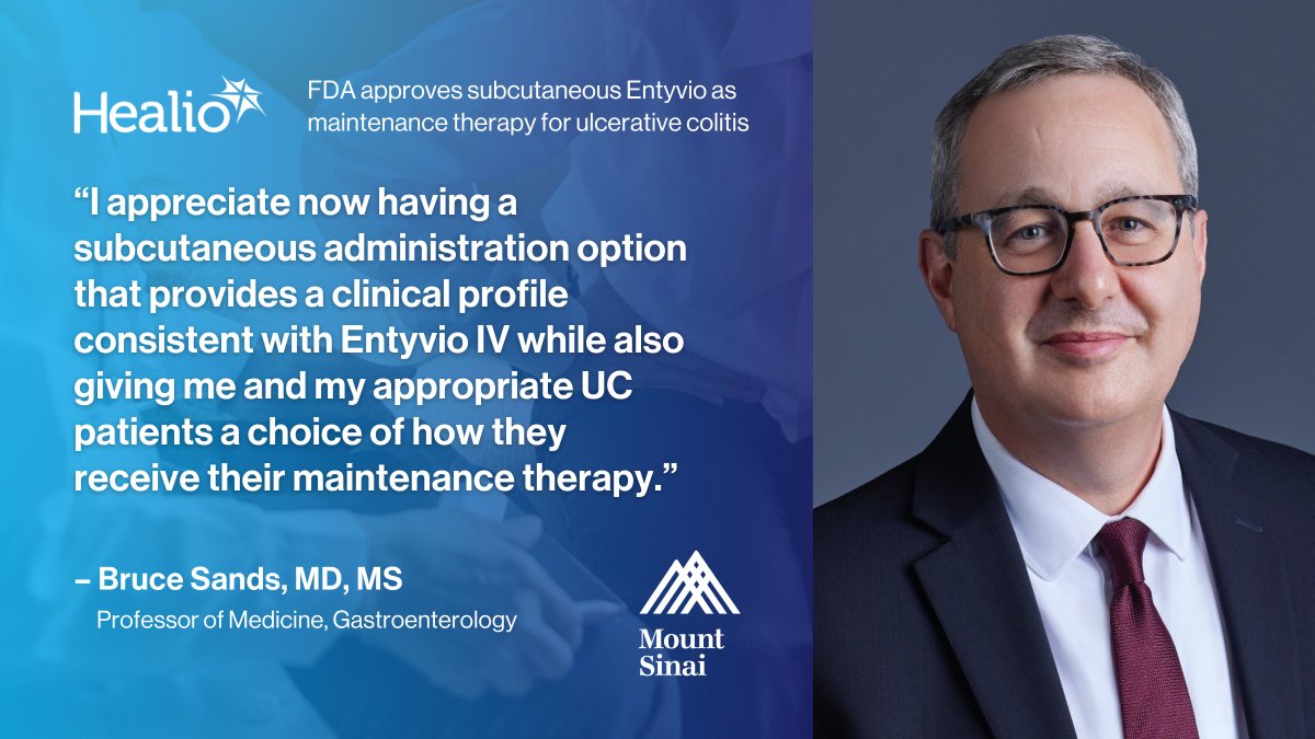 IcahnMountSinai's tweet photo. The FDA has approved the subcutaneous administration of Entyvio for maintenance therapy in adult patients with moderate-to-severe ulcerative colitis. Dr. @bruce_sands1 shares more via @GoHealio: https://t.co/6BxULLbcdA https://t.co/gEdKNaTozz