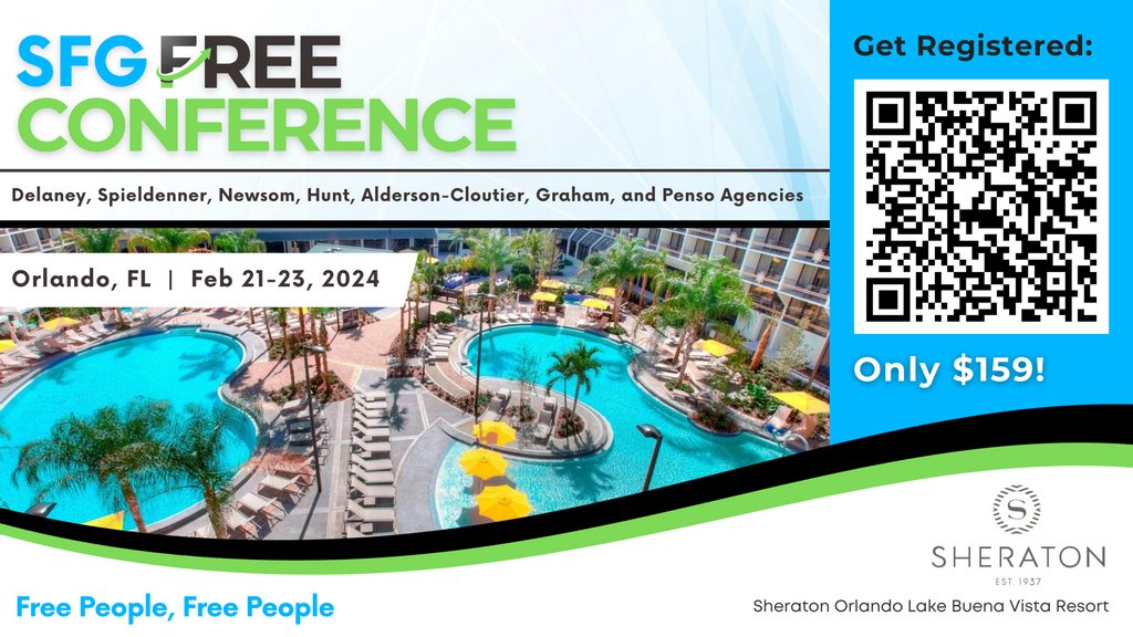 Register now to join the Delaney Master Agency's SFG Free Conference in Orlando, FL 2/21-2/23/24! Get registered & book your hotel room: tinyurl.com/SFGFree2024

#SFG1 #SFGFree #Symmetry #SymmetryFinancial #Orlando #FL #Sales #Conference #Insurance #LifeInsurance #Opportunity