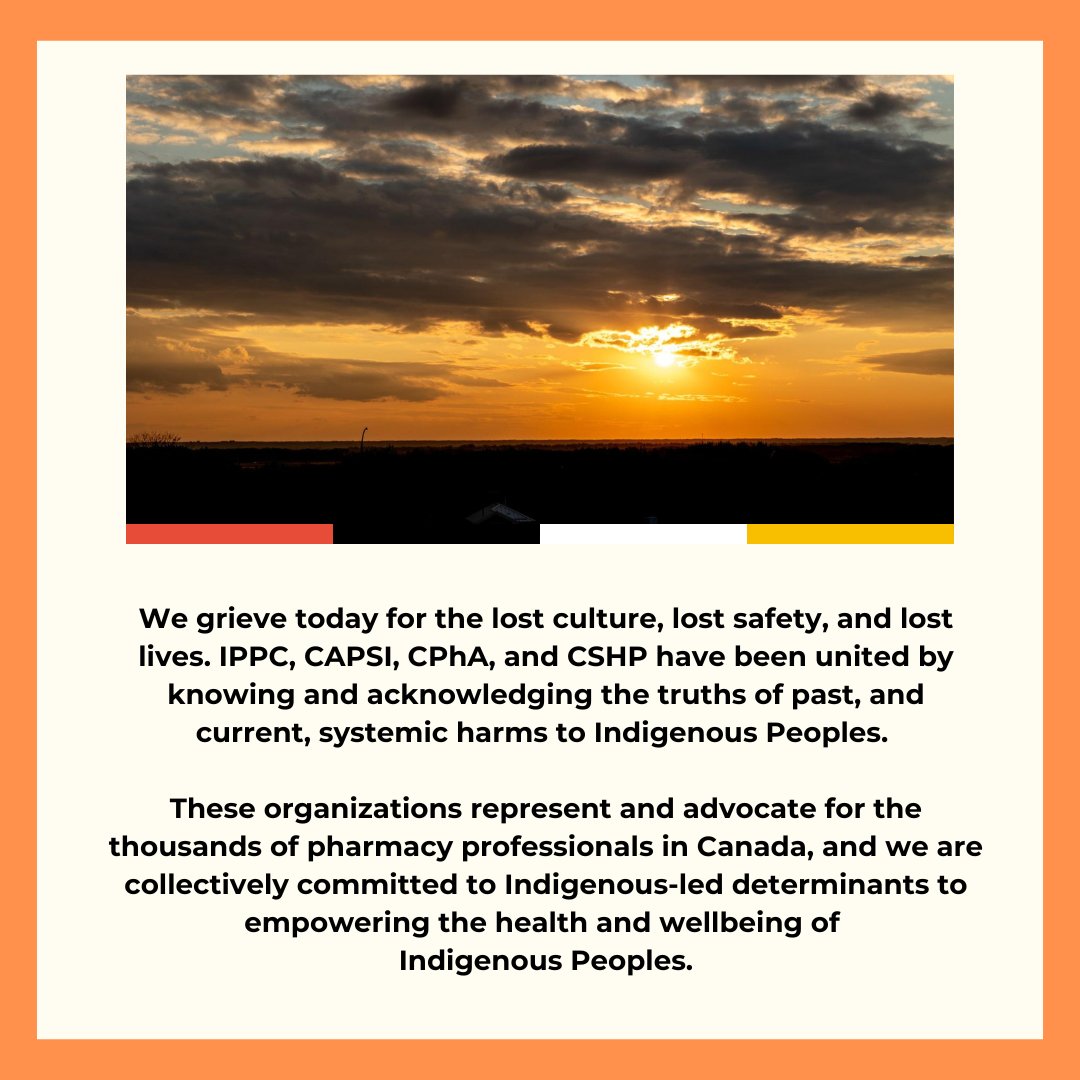 IPPC, CSHP, CPhA and CAPSI are proud to have shared commitments towards Truth and Reconciliation for pharmacy practice. #Everychildmatters to pharmacy professionals.

@IndigenousPharm
<a href="/CPhAAPhC/">CPhA/APhC</a> <a href="/capsinational/">CAPSI National</a>