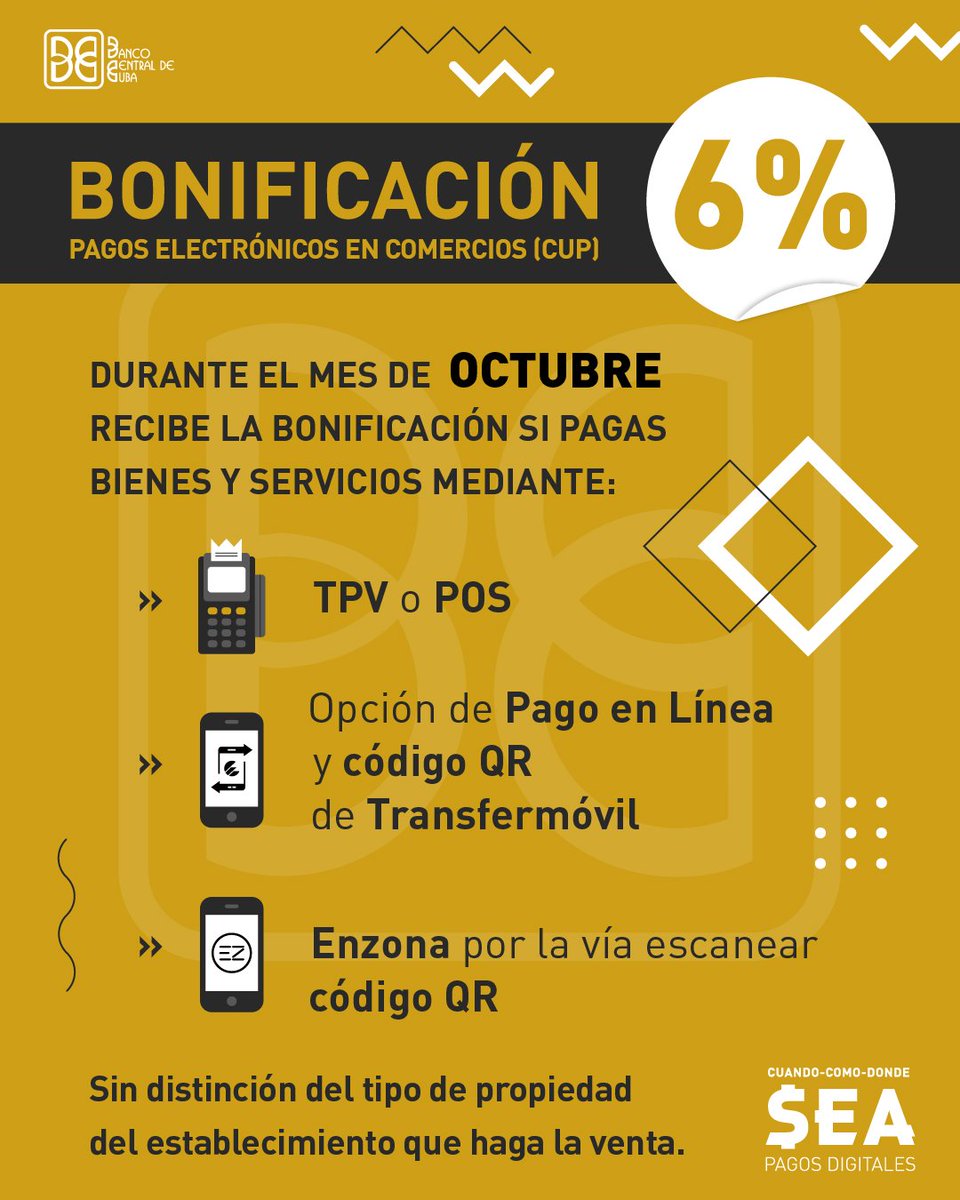 📍Se extiende a todo el mes de octubre, la bonificación del 6% que conceden los bancos comerciales para la adquisición de productos y servicios mediante el #CodigoQR y el POS.
#Bancarizacion
#PagosElectronicos