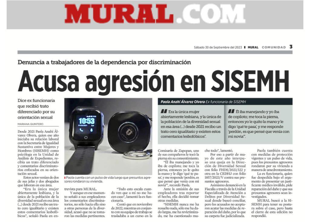 La <a href="/IgualdadJalisco/">Sría. Igualdad Sustantiva entre Mujeres y Hombres</a> encubre servidores públicos que discriminan y agreden a personas LGBT+ 🏳️‍🌈🏳️‍⚧️, no es un espacio seguro de trabajo. 
<a href="/PaoLazoCorvera/">Paola Lazo Corvera</a> necesitamos que se haga justicia!. <a href="/muralcom/">mural.com</a>