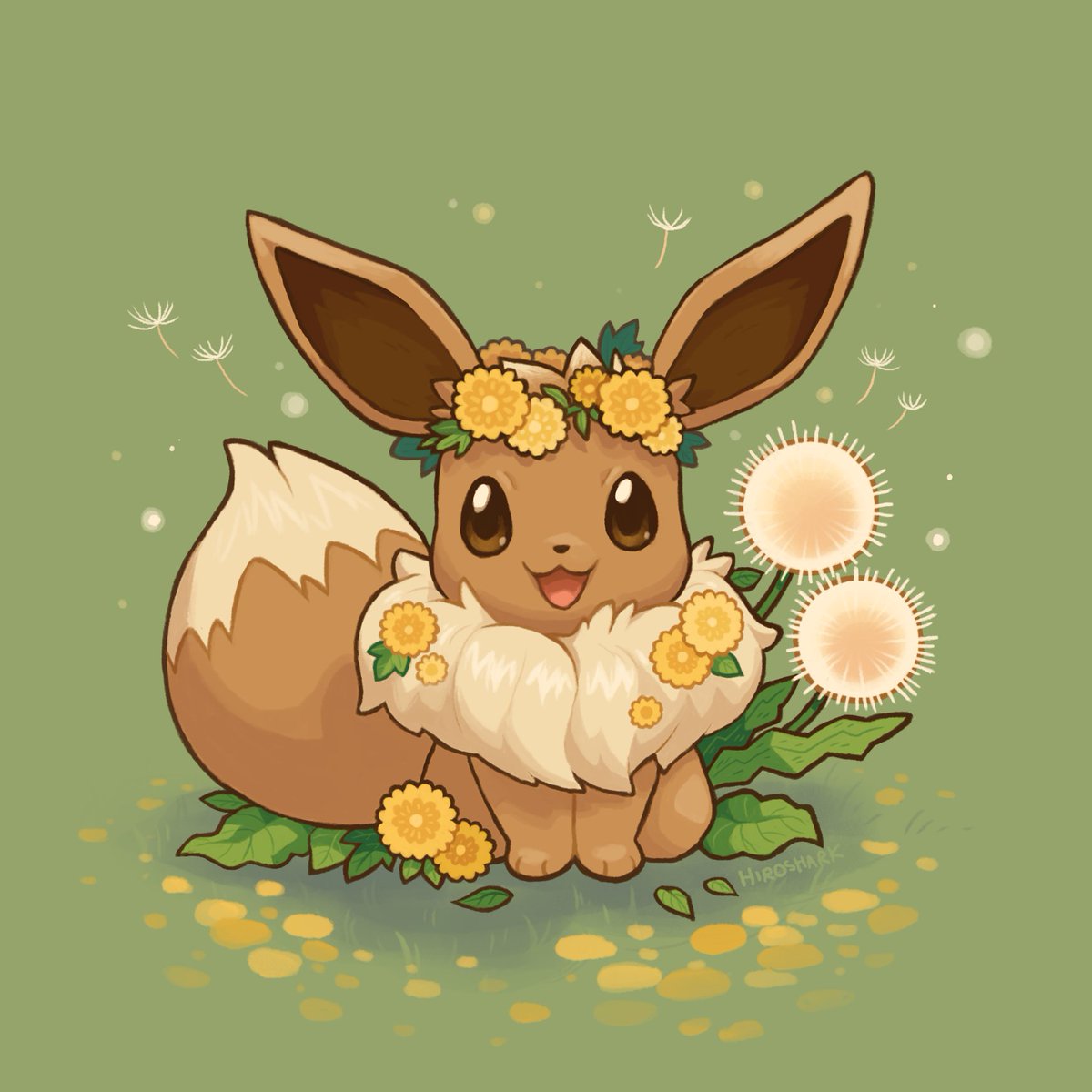 eevee no humans pokemon (creature) open mouth flower solo smile brown eyes  illustration images