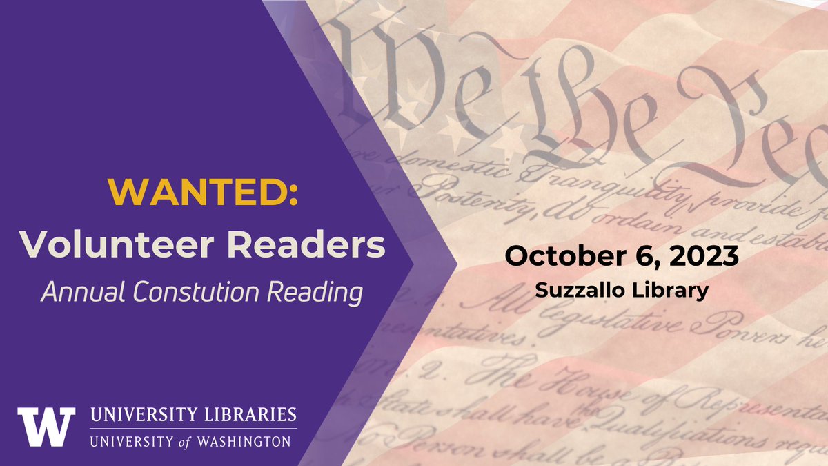 uwlibraries's tweet photo. We welcome students, faculty, staff and community members to join us in our upcoming annual reading of the Constitution at 12 pm, October 6th, in the Suzzallo Reading Room. 

Come to listen, or register here to read:  https://t.co/Nui5kHSsL9 https://t.co/1HwwvbP1jy