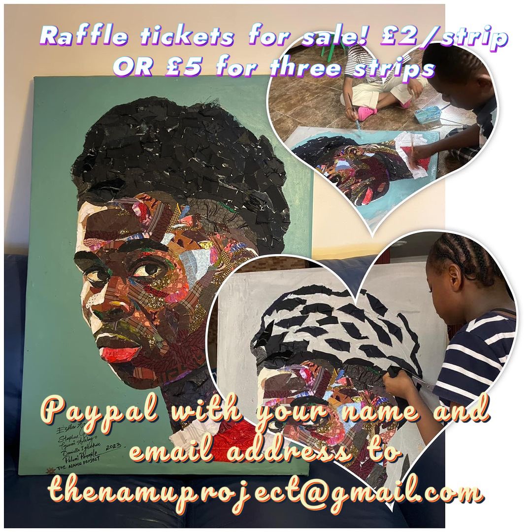 Mr51bro's tweet photo. 5 children at Bales of mercy orphanage in Lagos, Nigeria worked with @pelumiponmile to create this @BukayoSaka piece using scraps of fabric on cardboard. 
Raffle tix cost £2 a strip of 5 entries OR £5 for 15. 
PayPal pay + name to thenamuproject@gmail.com https://t.co/MAKKrcTDzd