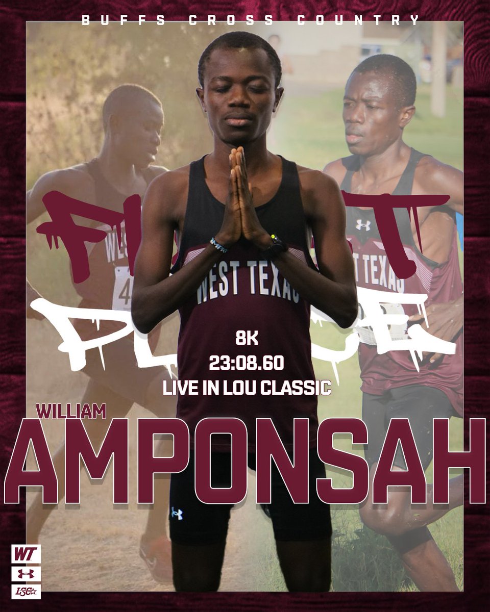 WTAMU_XCTF's tweet photo. William Amponsah wins the #LiveinLou🥇 with the fastest 8k @LoneStarConf time this season and first men's runner to break into 23 minutes. 

#BuffNation #InDanielwetrust #WeMove #xc https://t.co/nKiHeLyGrn