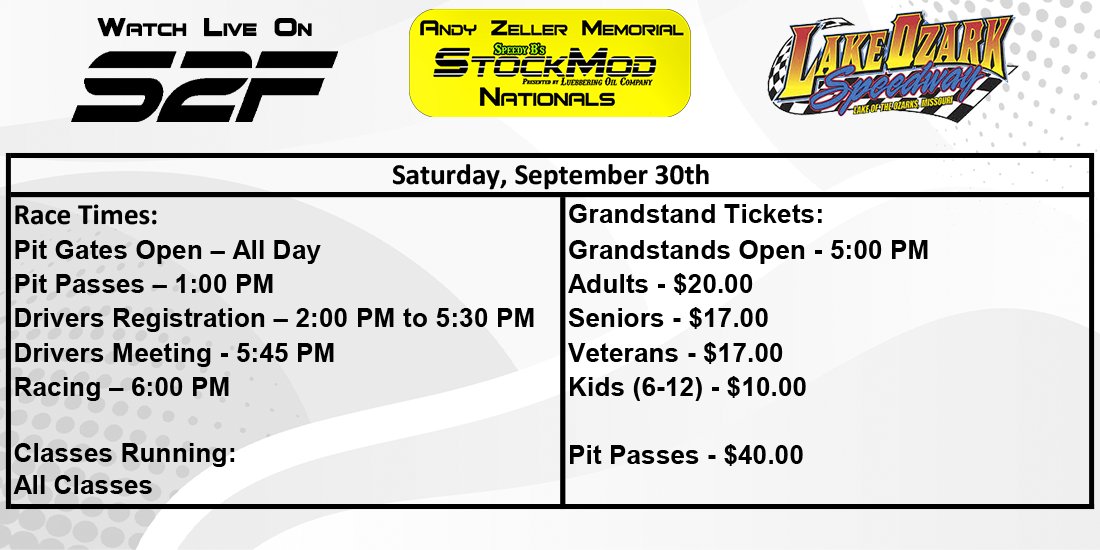 Championship Night for the Andy Zeller Memorial StockMod Nationals! Drivers make sure to check in today to receive your transponders. Catch all the action live on s2ftv.com