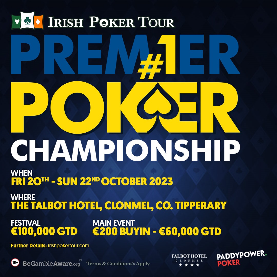 Join us at The Premium Poker Championship from Oct 20-22 2023 at The Talbot Hotel, Clonmel! Buy-in: €200, Festival Guarantee: €100,000. Don't miss the excitement! 🎉🃏 #PokerChampionship #ClonmelPoker