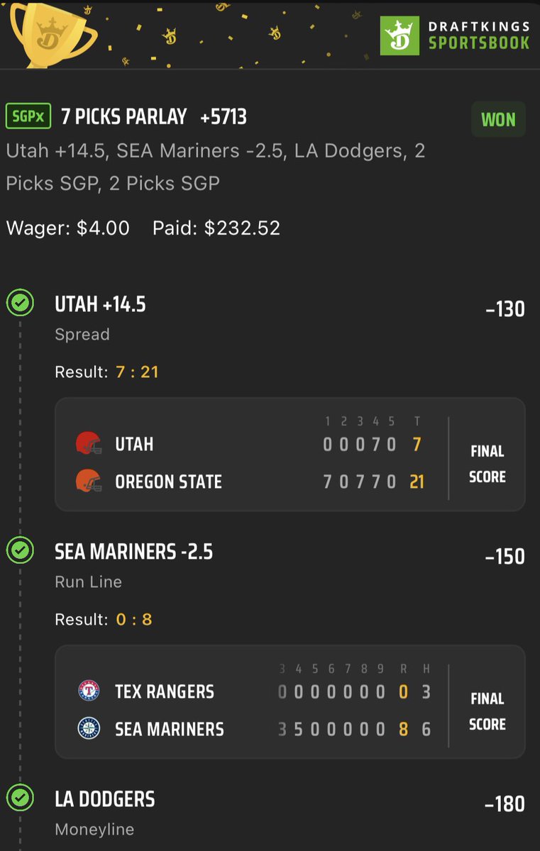 🚨COLLEGE FOOTBALL WINNER🚨

#CollegeFootball #Winner #Draftkings