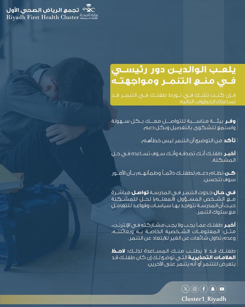 Cluster1_Riyadh's tweet photo. 🚫| كيف يمكن للوالدين التعامل مع مشكلات تنمر الأبناء‼️

#اليوم_الخليجي_للصحة_المدرسية https://t.co/YNMH7Ea92n
