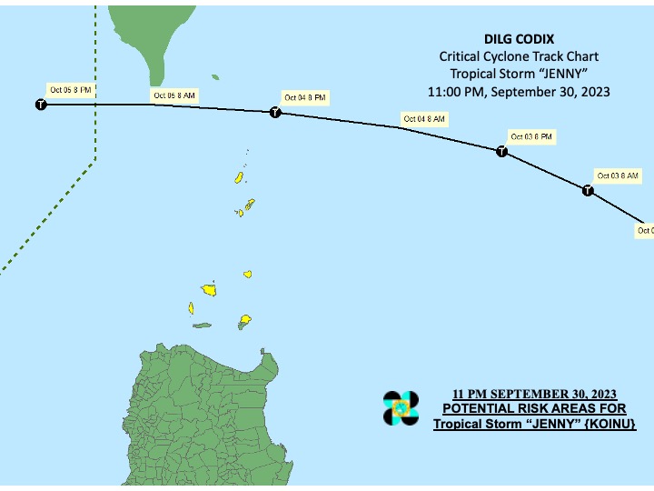 DILG_CODIX's tweet photo. Critical Cyclone Track Chart for TS #JennyPH  as of 11:00 PM  30 September 2023  #EgayPH #MagingLISTO #DisasterPreparedness

@DILGPhilippines

@NDRRMC_OpCen

@dost_pagasa

@civildefensePH

#LISTO                 Also follow us on FB: https://t.co/3HDTDhEL0M https://t.co/46gbeTubCI