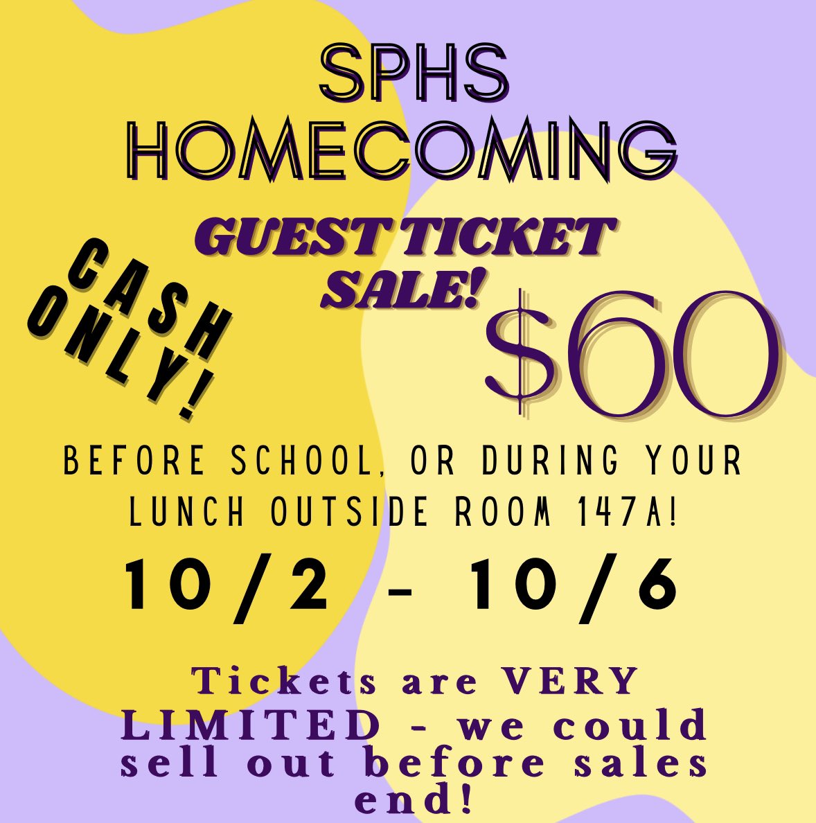 sphsleadership's tweet photo. Last opportunity for 2023 Homecoming ticket sales… this week!!!
10/2-10/6 before school or during your lunch in room 147A for $60 or until tickets sell out. This is for SPHS students &amp; guests… the SPHS student can buy one guest ticket. 
Don’t procrastinate!! https://t.co/yJ75yisnq8