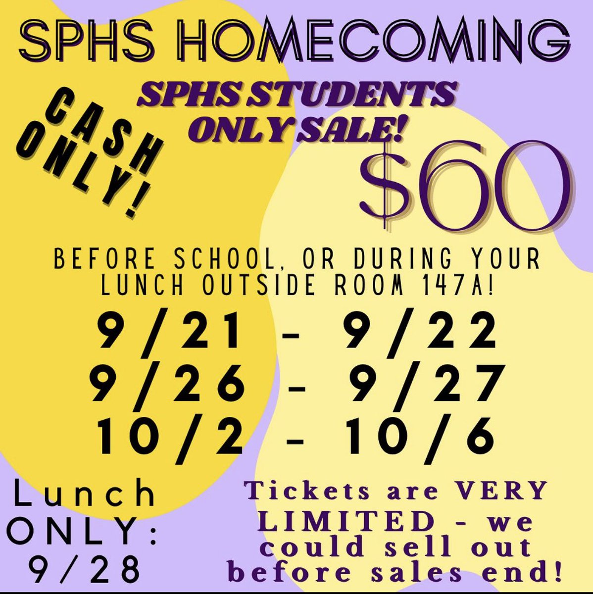 Last opportunity for 2023 Homecoming ticket sales… this week!!!
10/2-10/6 before school or during your lunch in room 147A for $60 or until tickets sell out. This is for SPHS students &amp; guests… the SPHS student can buy one guest ticket. 
Don’t procrastinate!!