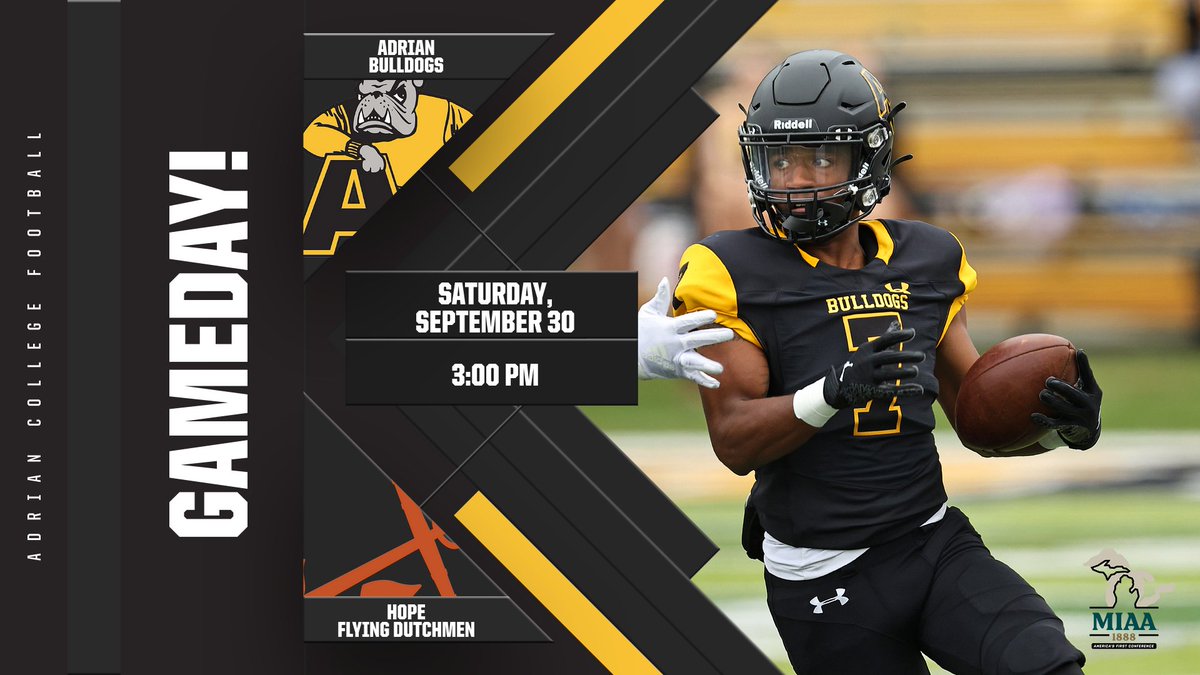 AdrianBulldogs's tweet photo. 🚨GAMEDAY!🚨
🏈 @AdrianCollegeFB vs. Hope
⏰ 3PM
📍 Docking Stadium
📺https://t.co/ZN13fEwyro
📊https://t.co/Lu8czf3kf3
📻https://t.co/Y7aN8cvmr4
🎟️https://t.co/X01XP26ZjX

#d3fb #d3football #GDTBAB https://t.co/OC1WKi0J4h