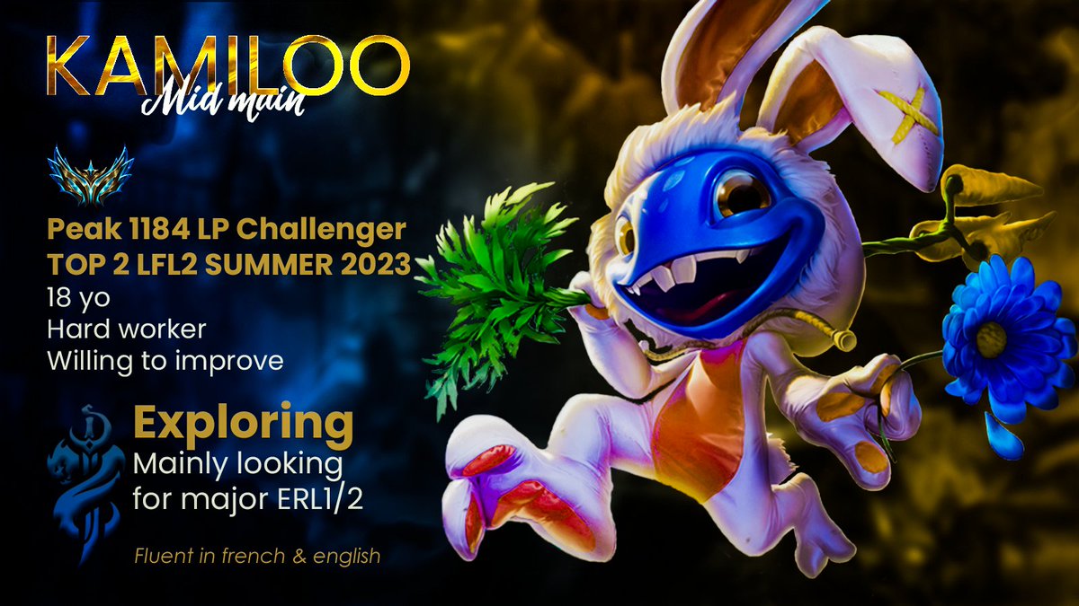 Hey !  
I'm still contracted with Atletec until the end of our Coupe de France but I’m allowed to explore my options for 2024.
VODS available upon request, please reach out to me or my agent <a href="/CyrilBerges/">Cyril Bergès</a>  !
I come with a big smile and I work really hard