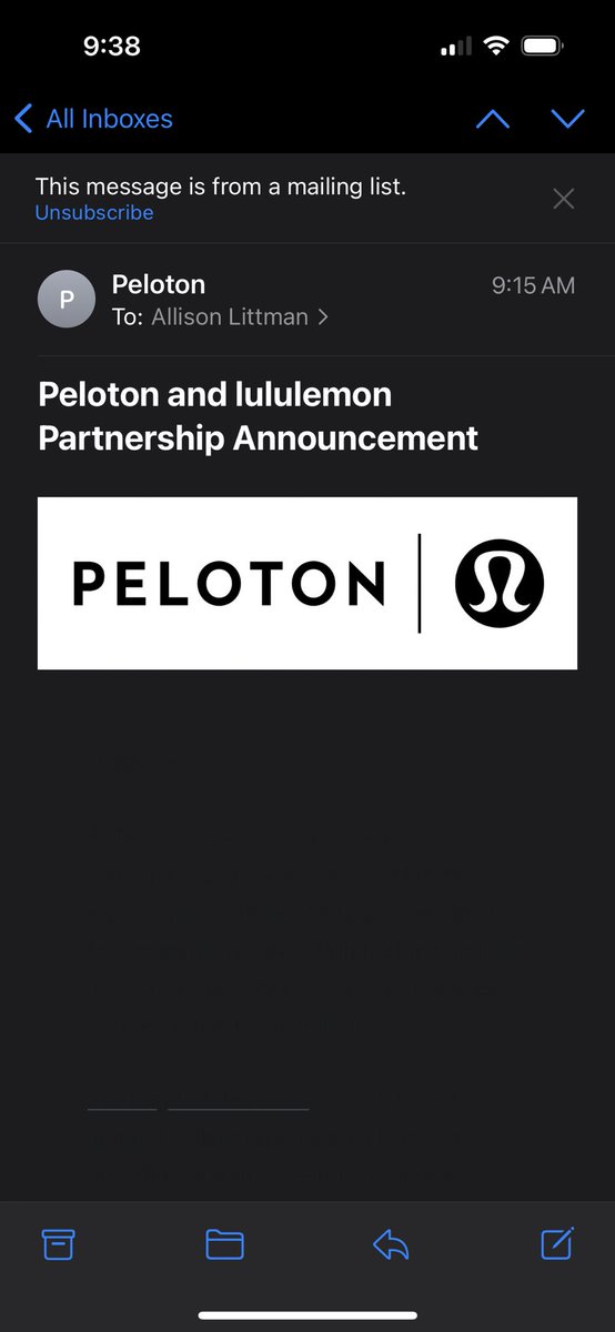 ARRLittman's tweet photo. Hey @onepeloton! You may want to check your emails on dark mode. I can’t read any of them. 😭 https://t.co/Q7wvs6R4np