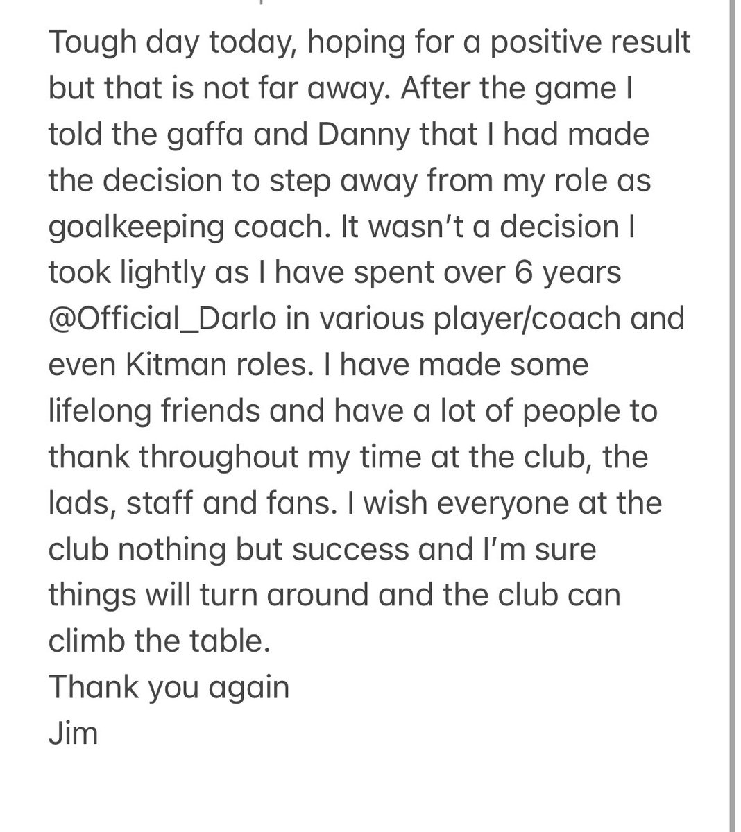 JProvett's tweet image. Thank you @Official_Darlo  and good luck. I’m sure things will turn around and the club will be challenging again.