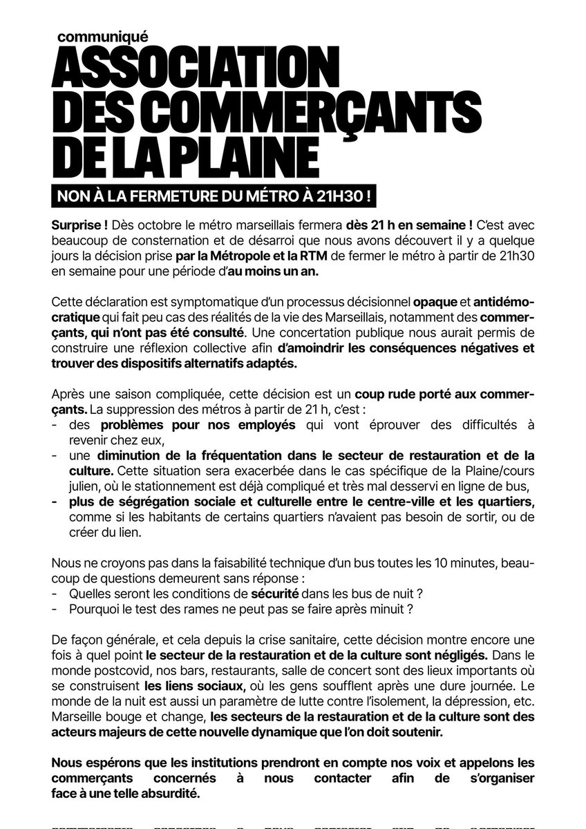 HazemNosotros's tweet photo. Non à la fermeture du métro à 21h30 !!! #marseille #metromarseille #laplaine #coursjulien https://t.co/AMTF2IL77S