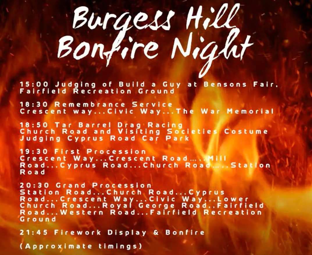 Times for Burgess Hill bonfire this evening #sussexbonfire #burgesshillbonfire #sussex #westsussex #midsussex #burgesshill #bonfire #fireworks #tradition #freeevents
