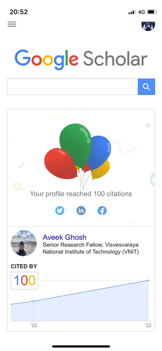 AveekGhosh2's tweet photo. Sharing a small milestone in my career. Reached 100 citations in my research journey. But a lifetime to go.  @VNITN 
#research #phdlife #phd #reserachscholar 

https://t.co/WoS7BLoHxk https://t.co/5inmiBNQwZ