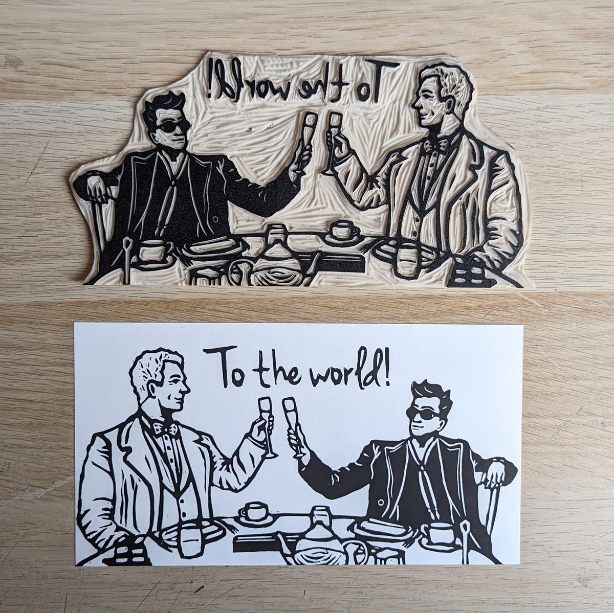 Good Omens season 2 inspired me to make some very sad linoprints - crying demons and all. But I've had enough of that now. So today I made this little flashback to the lovely ending of season 1. Everything will be alright, guys.