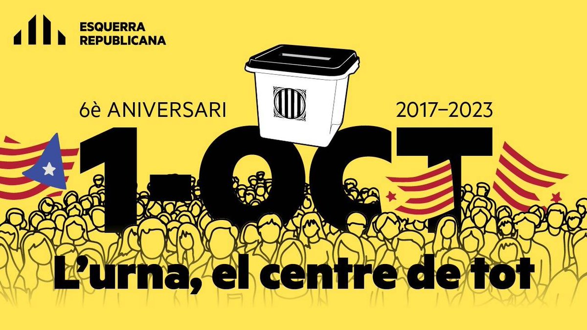 📢Avui commemorem el sisè aniversari del referèndum🗳️ de l'1 d'octubre

6️⃣ anys després, continuem ferms i decidits en posar l'urna al centre i poder assolir una #RepúblicaCatalana de drets i llibertats per a tothom!

#1O