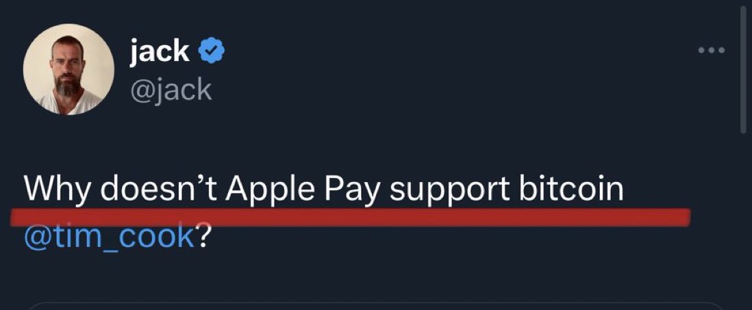 🍏 Jack Dorsey challenges Apple to integrate #Bitcoin  

<a href="/tim_cook/">Tim Cook</a>?  🤔