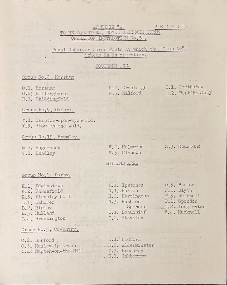 NIBunker's tweet photo. During WWII roughly 300 Observer Corps Post were designated ‘GRANITE’ and equipped with flares. Their role was to warn aircraft in hilly or mountainous locations if they were flying too low. The location of the chosen posts had been lost to time… until now… I found the complete list. First 2 pages shown.