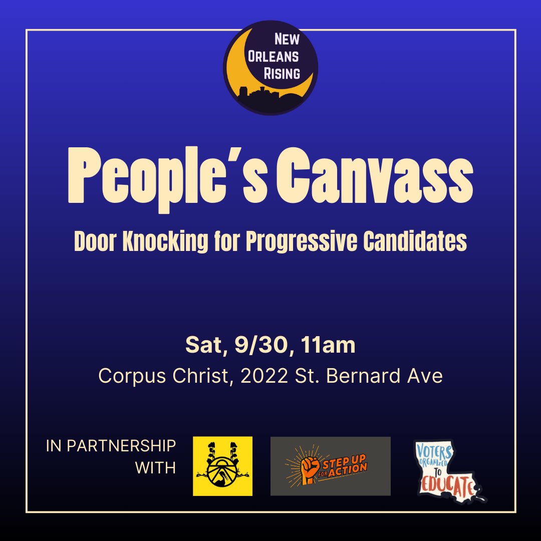 nolarisingpac's tweet photo. About to get started at Corpus Christi for our People’s Canvass. Come knock doors with us! #lalege #lagov https://t.co/6b4y5MpVXu