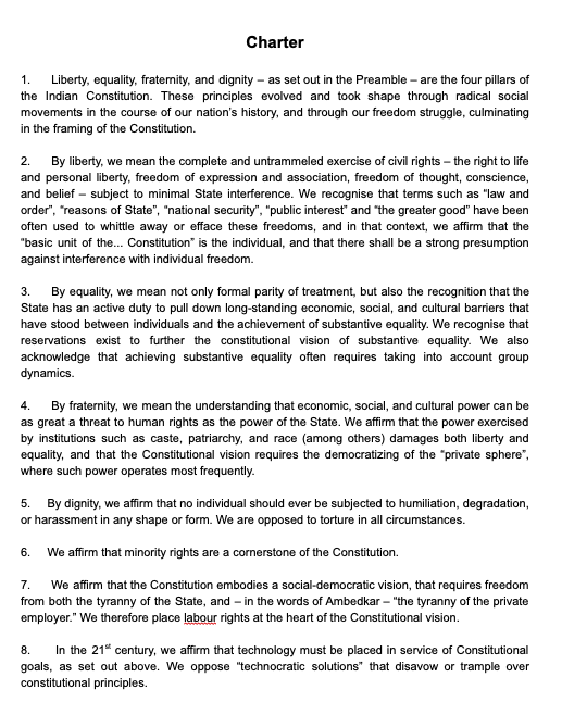 apar1984's tweet photo. National law schools, as much as all law schools are fertile grounds for communal indoctrination and then attacks on the constitution. This will be due to the the existing politics of hatred, a toxic media ecology, partisan control of institutions -- that all will lead to targeted engagement and influence. It will be through events, talks, lectures and eventually activities within the curriculum of the law school. Such students will become lawyers, and then lawyers will become judges. Our constitution will be administered by theological judges, practiced by theological lawyers and studied by theological law students. 

One clear way to resist such attacks against the constitution is by organising and opening clubs and societies that are based in constitutional values. Organising regular activities, inviting speakers (even over Zoom), book readings or for those who are more ambitious and receive institutional support even a moot court competition. About three and half years ago (Feb. 2020), a bunch of lawyers, @gautambhatia88 @abhinavsekhri10 principally supported the creation of societies in atleast two law schools. Even, I participated in some of these sessions, drew up a plan, but failed to give it time as I was completely invested in IFF. I believe we (speaking mostly about me here) also failed to build broader solidarity that was intentioned. Gradually all of this petered out -- there were pressing issues of public interest (the urgent as it often does, became the important). 

I am posting screenshots of a draft charter that was primarily drafted by Gautam for the reference of students in law schools to define the values of the society. Also, pasting a draft plan I came up with that was never implemented. I hope if people have energy they can take it up, and law students who are passionate about constitutional values in some way are able to utilise the charter.