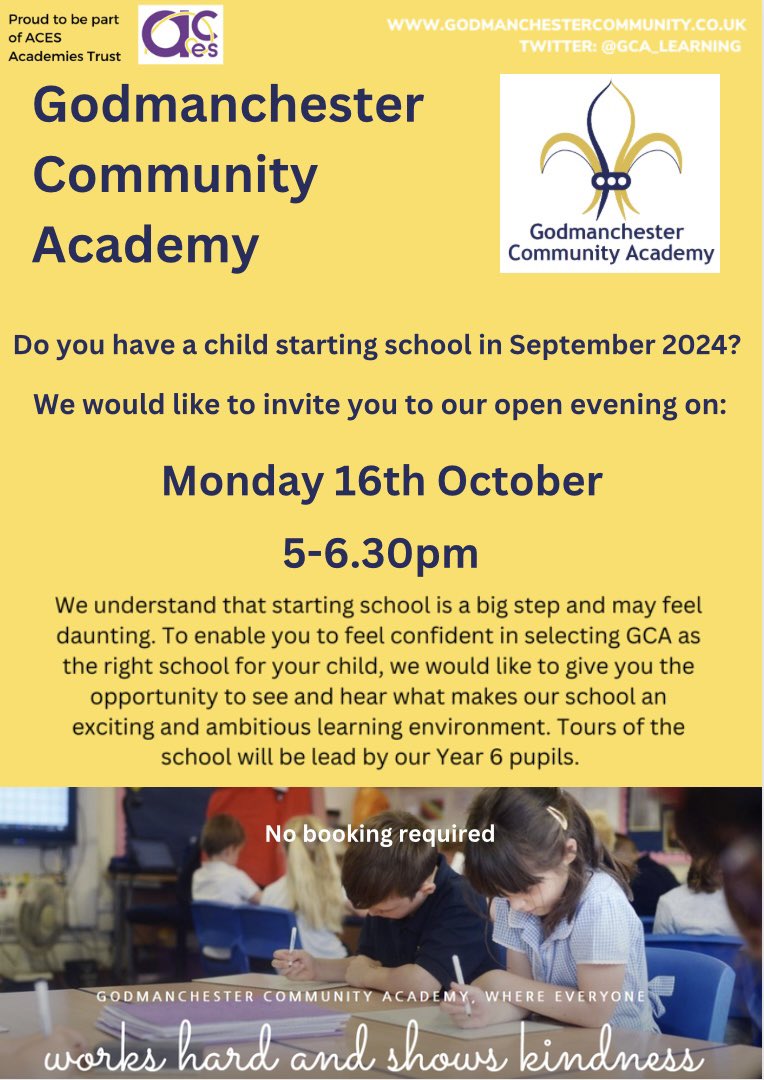 Are you based in Godmanchester or Huntingdon? Do you have a child due to start school in September 2024? We would love to welcome you to our Open Evening on Monday 16th October #GCA #GCAexperiences #Joinourcommunity