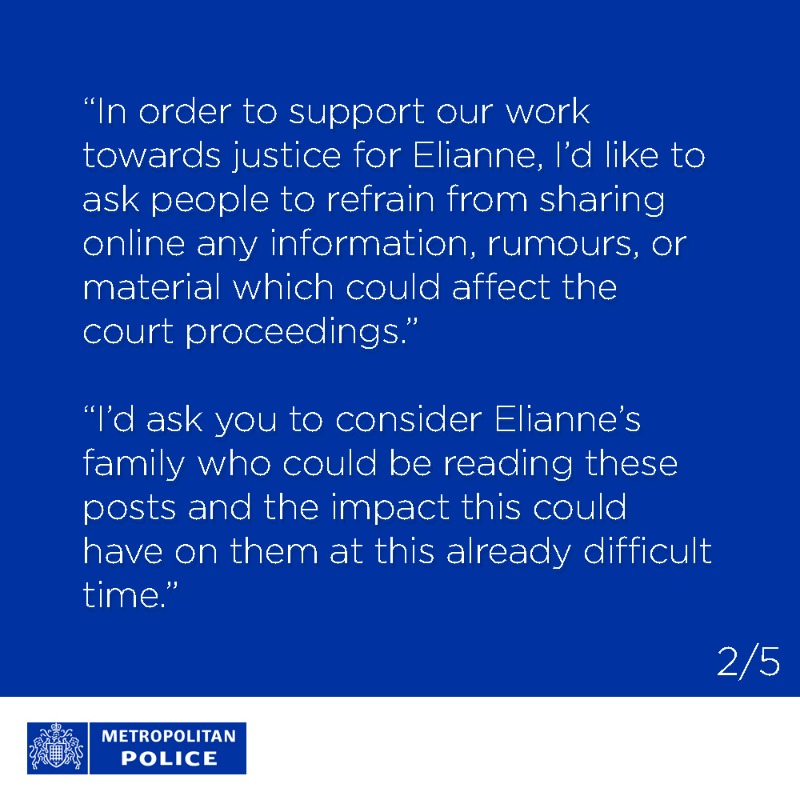 metpoliceuk's tweet photo. The death of 15-year-old Elianne has had a profound impact on the community.

A 17-year-old has been charged with her murder and is awaiting trial.

Due to his age, it is illegal for anyone to publish his name, including on social media, as this could impact justice for Elianne.