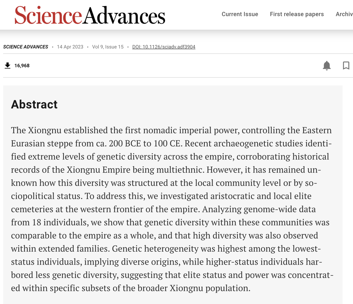 VHansenYear1000's tweet photo. A report in Science Advances (Apr 14, 2023) on Xiongnu tombs, showing more diversity among the subject population than the ruling elite. Abstract attached. Thanks to Victor Mair for this lead. https://t.co/8lPdJEDUAl https://t.co/WvzRlsgHyM