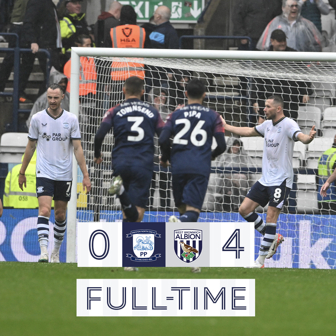pnefc's tweet photo. FULL-TIME: #pnefc 0-4 West Bromwich Albion

We fall to our first league defeat of the season at Deepdale. https://t.co/JsniyXpFe9
