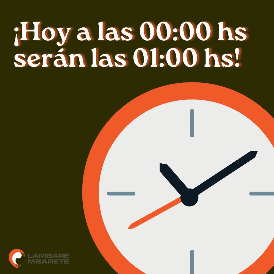 lambaretepy's tweet photo. ¡RECORDATORIO! 🟧Esta noche entrará a regir el “horario de verano”.

Hay que adelantar los relojes en 60 minutos. Automáticamente, al llegar las 00 horas del domingo, la hora oficial del Paraguay pasará a ser la 01:00 horas.

https://t.co/a8mXok0XEx https://t.co/Ixv3YZXzLb