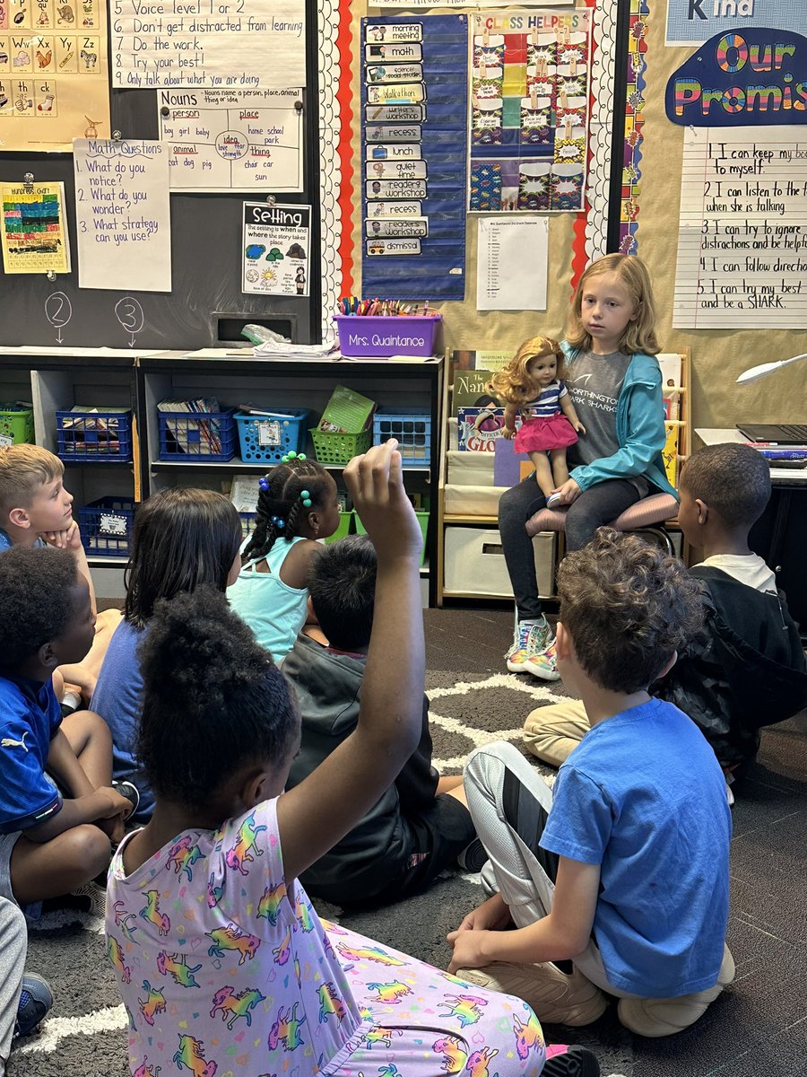 Our first Show and Tell was a success!  We were able to practice our asking questions skills.  The kids took the clues and figured out what she had hiding in her book bag.  The big reveal was exciting.  <a href="/WoParkSharks/">Worthington Park Elementary School</a> <a href="/wcsdistrict/">Worthington Schools</a>