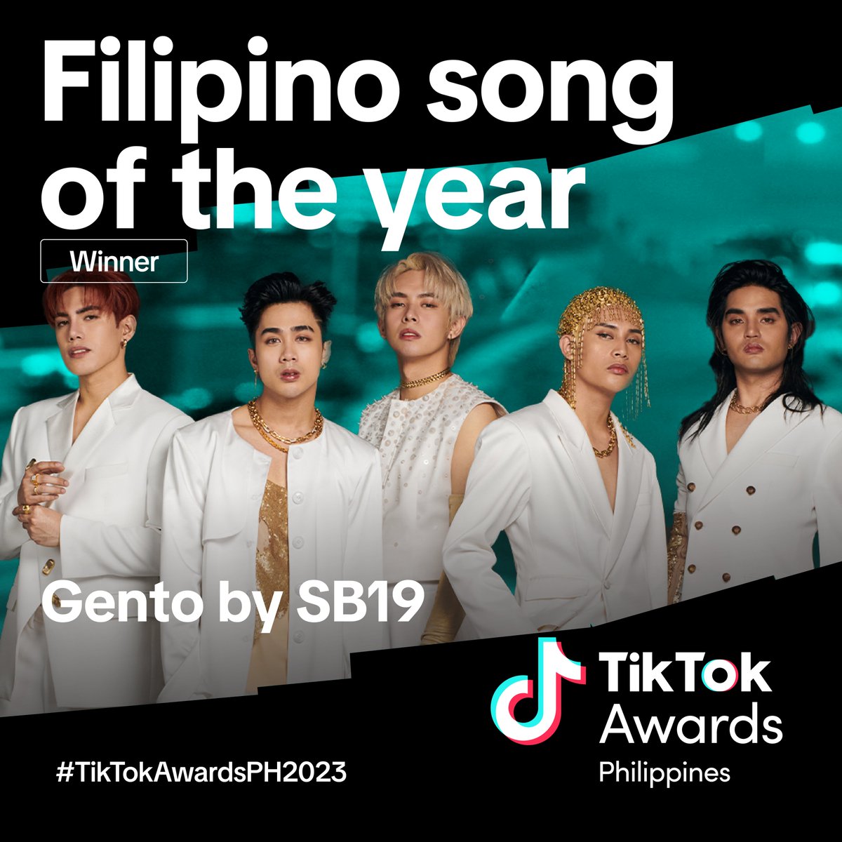 TikTokPH's tweet photo. congratulations to our golden boys @SB19Official for winning the Filipino Song of the Year award! here’s to the song that took over the world, Gento! 

watch #TikTokAwardsPH2023 here: https://t.co/HafNAo0Sxf

#SB19 #Gento #ATIN https://t.co/tPW2VTCKzB