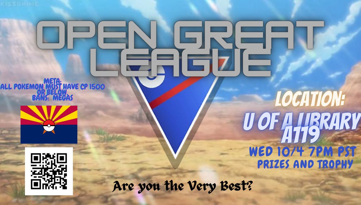#Tucson #battlers

We are going to be holding an Open Great League Tournament this next Wed 10/4 7pm.  

Prizes for top Placers.

Excited to see what battlers bring in our first tournament with the new meta.