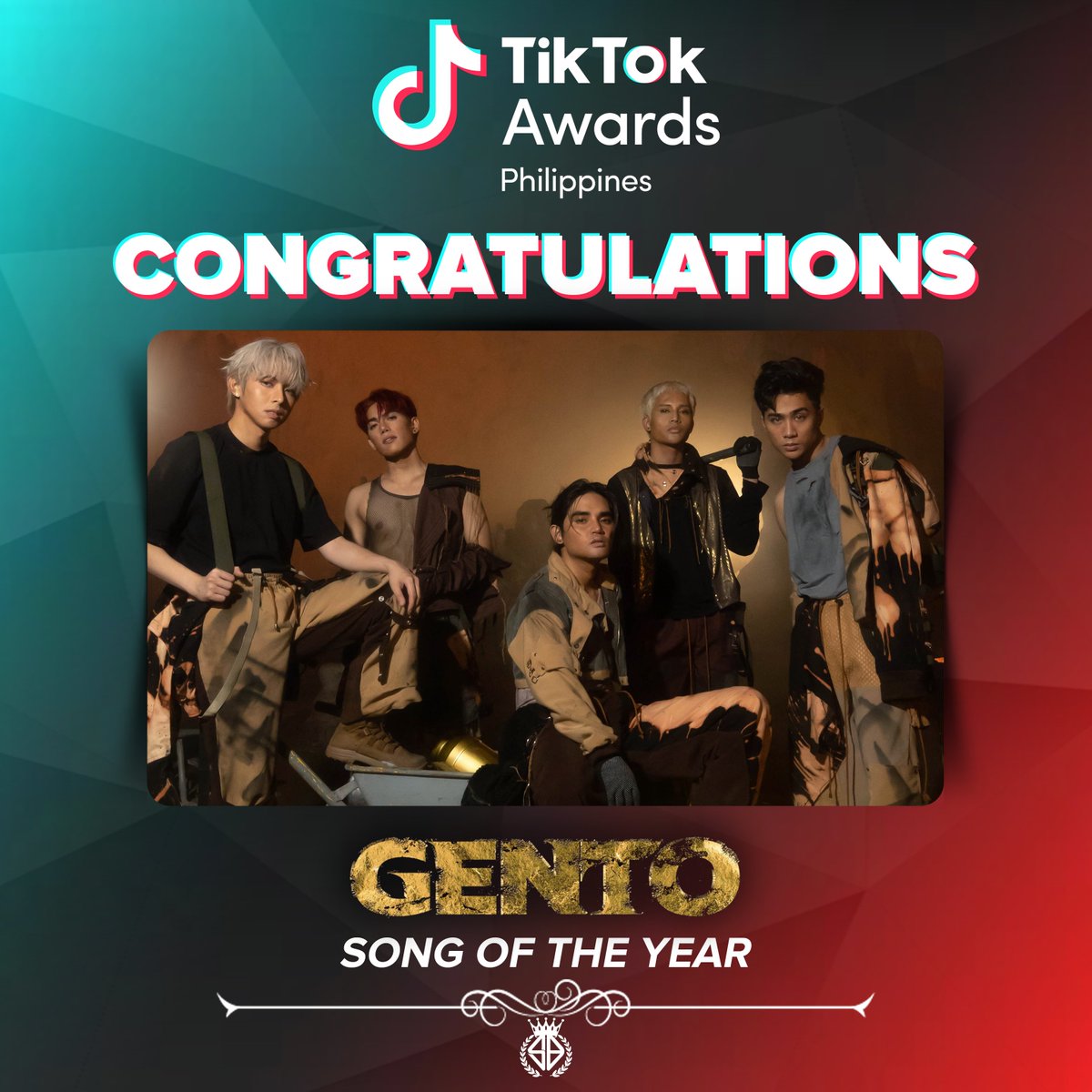 KingsofPpopSB19's tweet photo. [TIKTOK AWARDS PH 2023]

Congratulations!

SB19's GENTO bagged the Song of the Year Award on TikTok Awards Philippines 2023.

@SB19Official #SB19 
#TikTokAwardsPH2023 https://t.co/I0BpsxUkrV