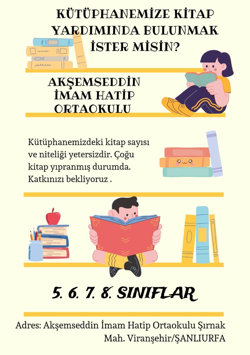 Öğrencilerimiz için kütüphanemize katkıda bulunursanız bizleri çok mutlu etmiş olursunuz. Desteklerinizi  bekliyoruz olacağız🙏🏻📚 RT ile de bizlere yardımcı olabilirsiniz 🌸 @ViransehirMEM <a href="/ibrahimYagan63/">İbrahim Yağan</a> <a href="/BelediyesiVe/">viranşehir SK</a> <a href="/viransehir_bld/">Viranşehir Belediyesi</a>
