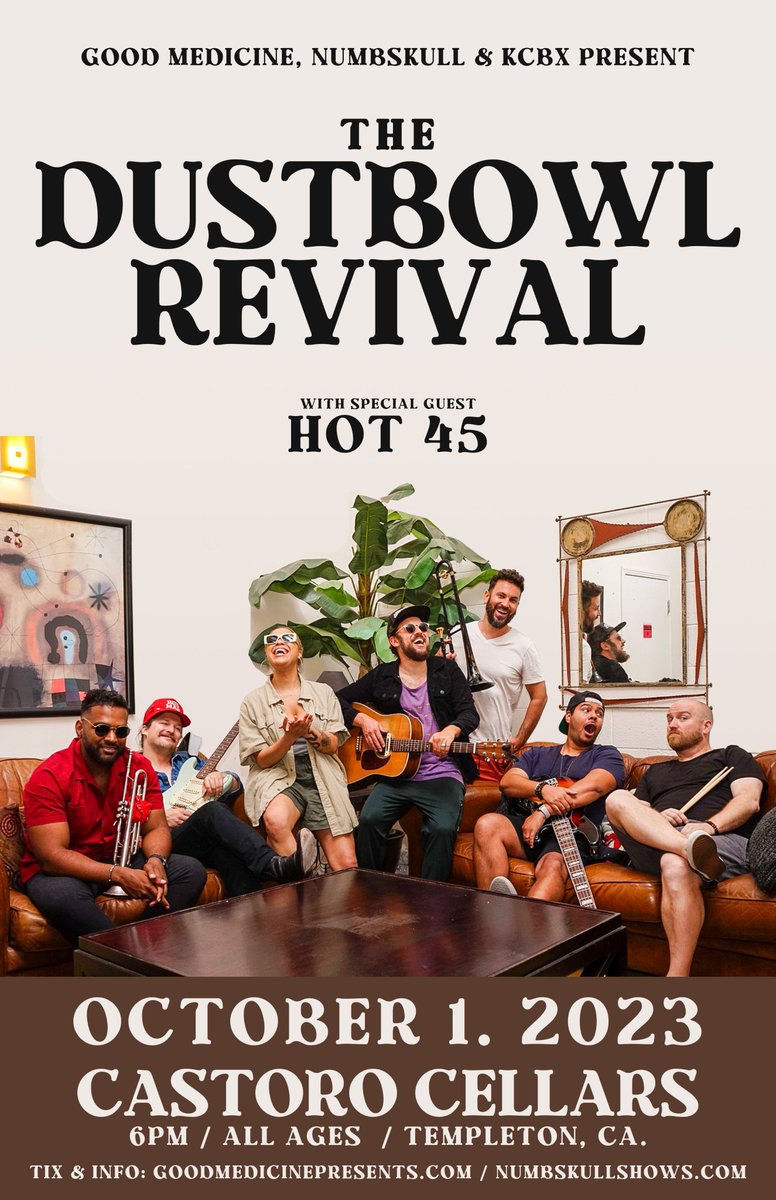 GoodMedicine805's tweet photo. .@dustbowlrevival and #Hot45 take over @castorocellars tomorrow October 1st! Doors at 6pm - All Ages - Tickets: https://t.co/wfXtsqBixl
@NumbskullShows #goodmedicine #castorocellars #dustbowlrevival https://t.co/3JDHSNdKQR