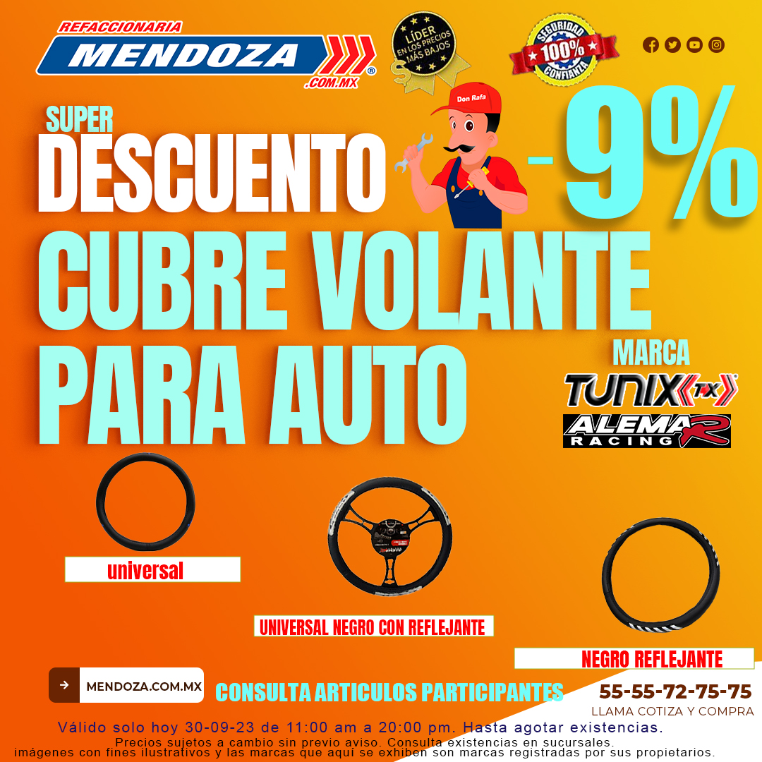 Refa_Mendoza's tweet image. Porque siempre te consentimos
No te pierdas nuestra promoción de hoy 30 de septiembre en cubre volante para auto marca #tunix y #alemarracing pregunta en sucursal por artículos participantes.
#refaccionariamendoza #accesorios
visita: mendoza.com.mx