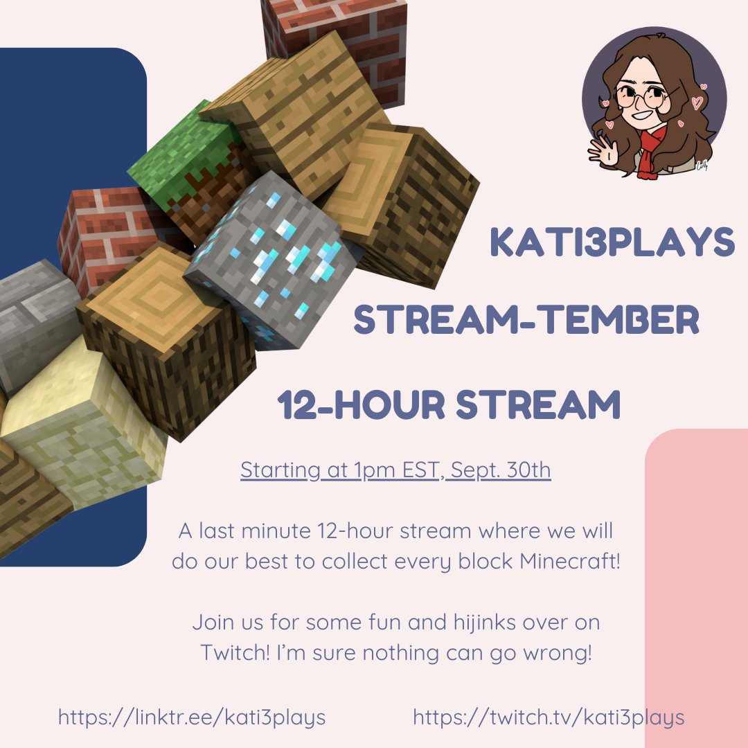 Last minute decisions are always fun, so I decided to do a 12-hour stream today for #Streamtember!

I've wanted to do a "Every Block in #Minecraft" challenge so we are attempting one today!  We will start at 1pm EST today on Twitch!

Hope to see you there!