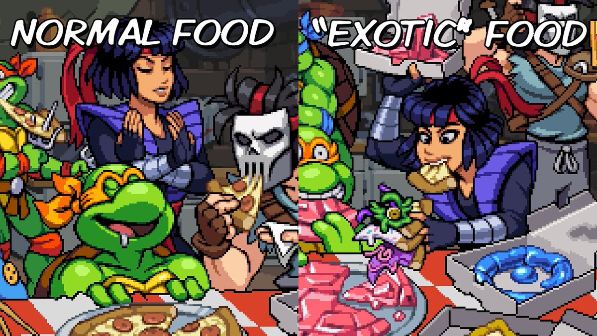 Dotemu's tweet image. Maybe all those lightning bolts fried her tastebuds? 😐 #TMNT #ShreddersRevenge #DimensionShellshock