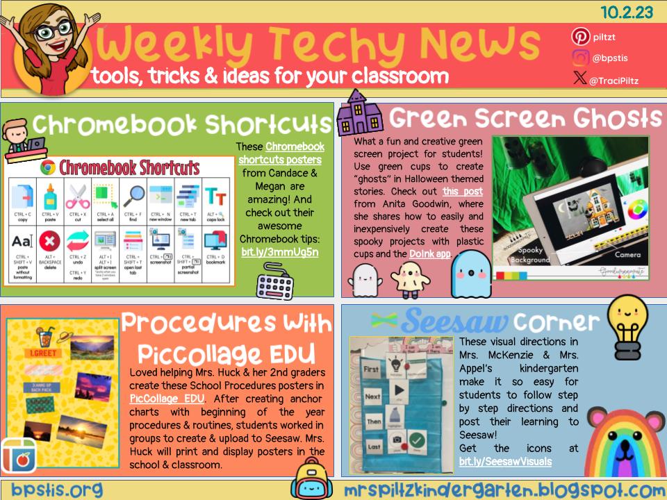 📰Weekly Tech-y News📰
💻Chromebook Shortcuts thanks to <a href="/MongelliMegan/">Megan Mongelli</a> &amp; Candace Buchanan
🖼️Kid created procedures posters w <a href="/PicCollage/">PicCollage</a> 
👻Green screen ghosts from <a href="/amsgoodwin/">Goodwinnovate- Anita Goodwin</a> 
👀Visual directions for <a href="/Seesaw/">Seesaw</a> to support learners
➡️bit.ly/3RBWz47⬅️