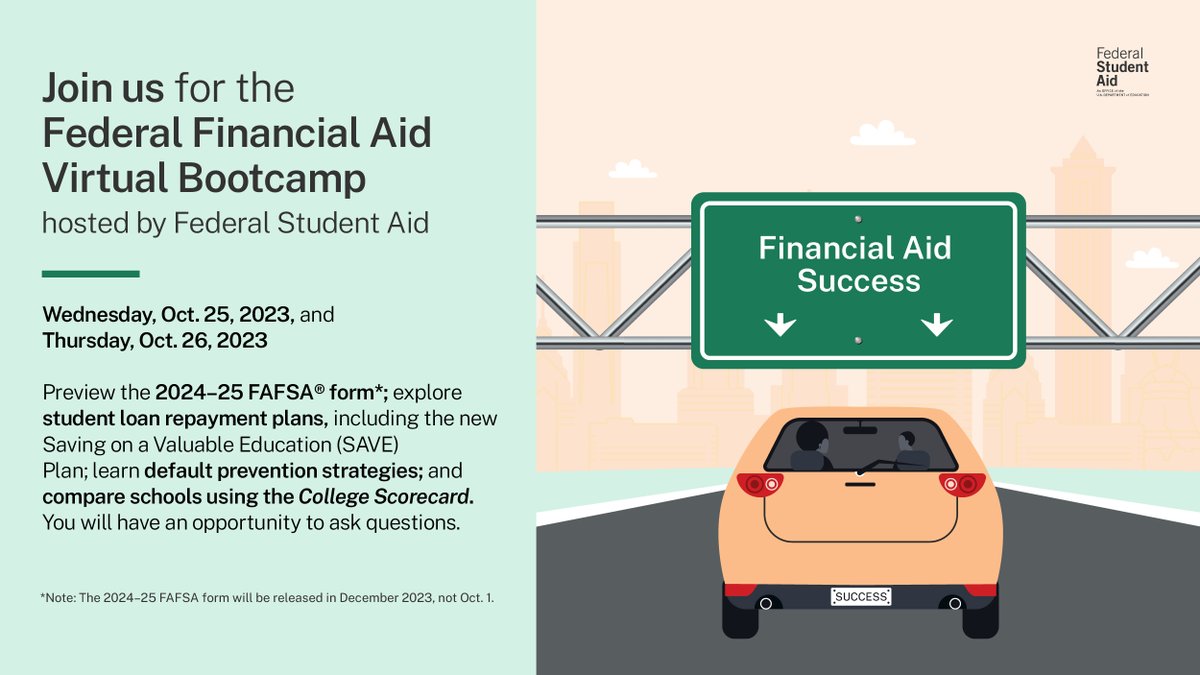 Ready for our upcoming Federal Financial Aid Virtual Bootcamp? We’ll put you on the road to success with federal student aid and loan repayment tips. ​

Buckle up! 🚗🌟 Register today:  fsabootcamp2023.eventbrite.com