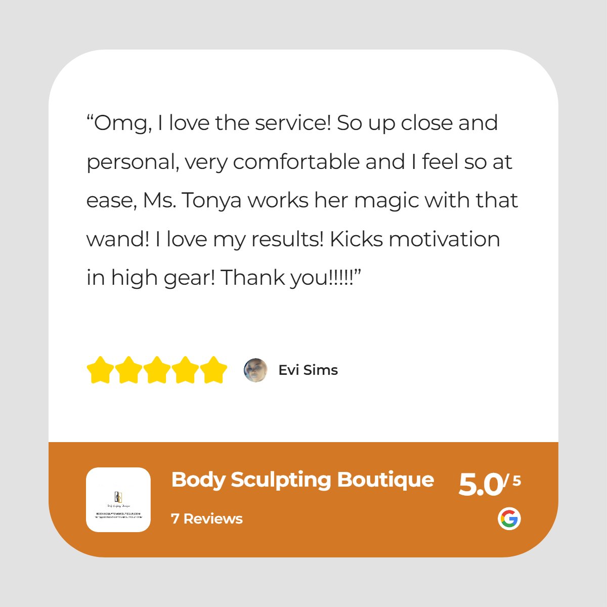 Thank you for the great review!  
#bodysculptingstudioinspringtx #bodysculptingspaspringtx #bodysculptingsalonspringtx #bodydetox #footDetox #bodyscuptingreview #springtxbodysculptingsalon