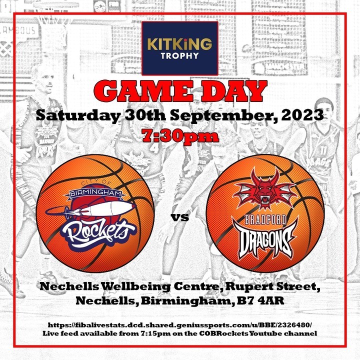 It's game day: Bradford Dragons face City of Birmingham Rockets for a place in the KitKing Trophy Semi-Finals. A Live video stream should be available from 7:15pm on the COBRockets YouTube channel. #Basketball #BradfordDragons #COBRockets #OneClubOneFamily #KitKingTrophy